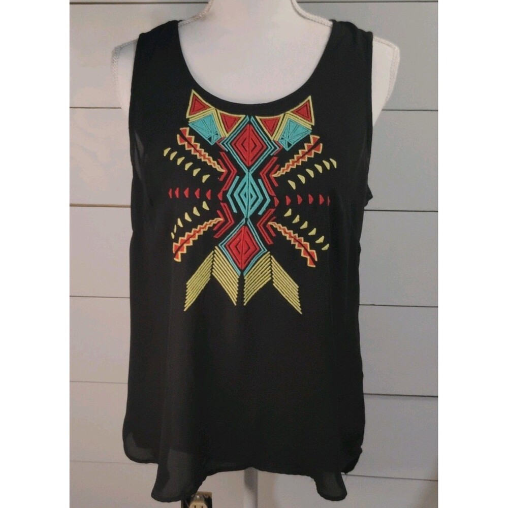 Versona Geometric/Aztec Black Boho/festival HiLo Chiffon Sleeveless  Tank Top M